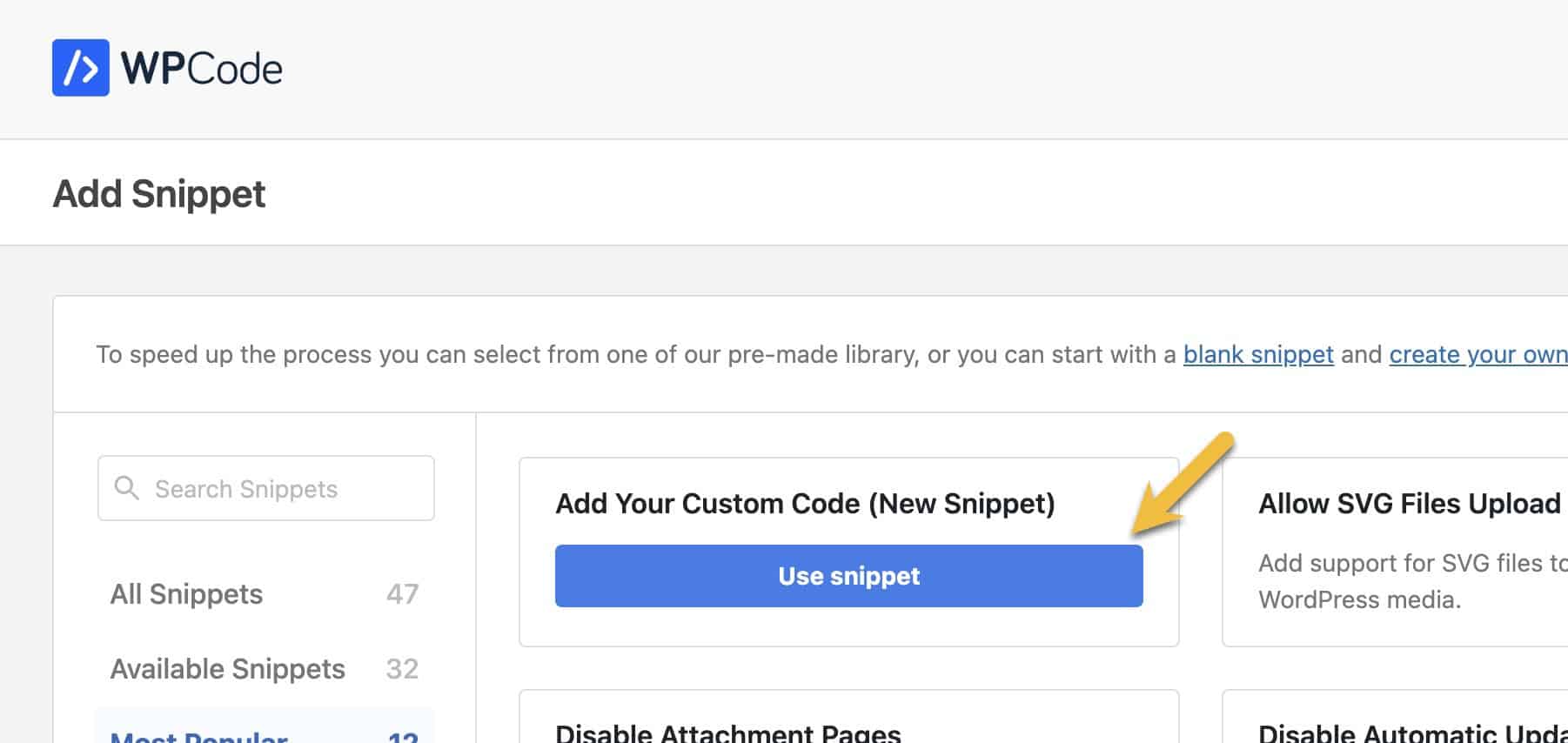 Use snippet button to add custom code snippet in WP Code Lite plugin