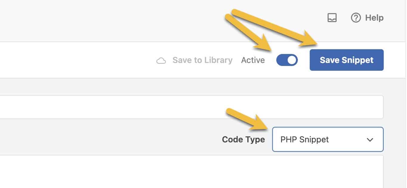 WP Code Lite selecte PHP Snippet under Code Type, toggle the status to Active and the Save Snippet button.