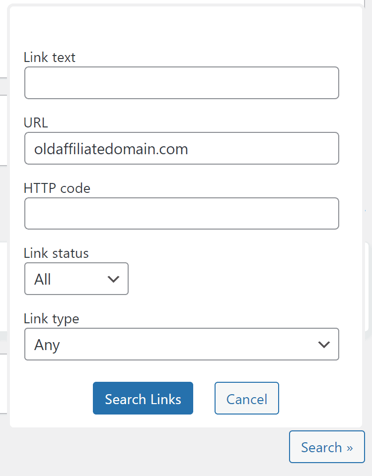 Screenshot of the Broken Link Checker search options, showing the old domain in the URL search field.