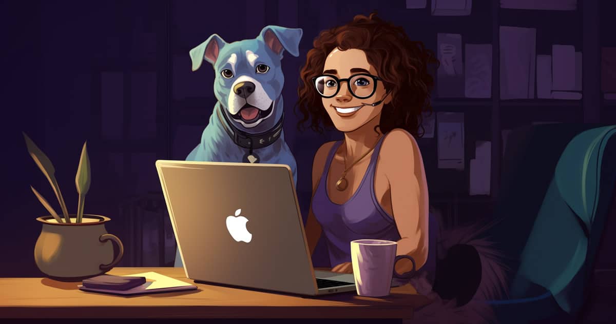 An illustration of a smiling woman sitting at a laptop, with a sweet-looking dog and a cup of coffee next to her.