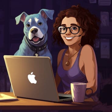 An illustration of a smiling woman sitting at a laptop, with a sweet-looking dog and a cup of coffee next to her