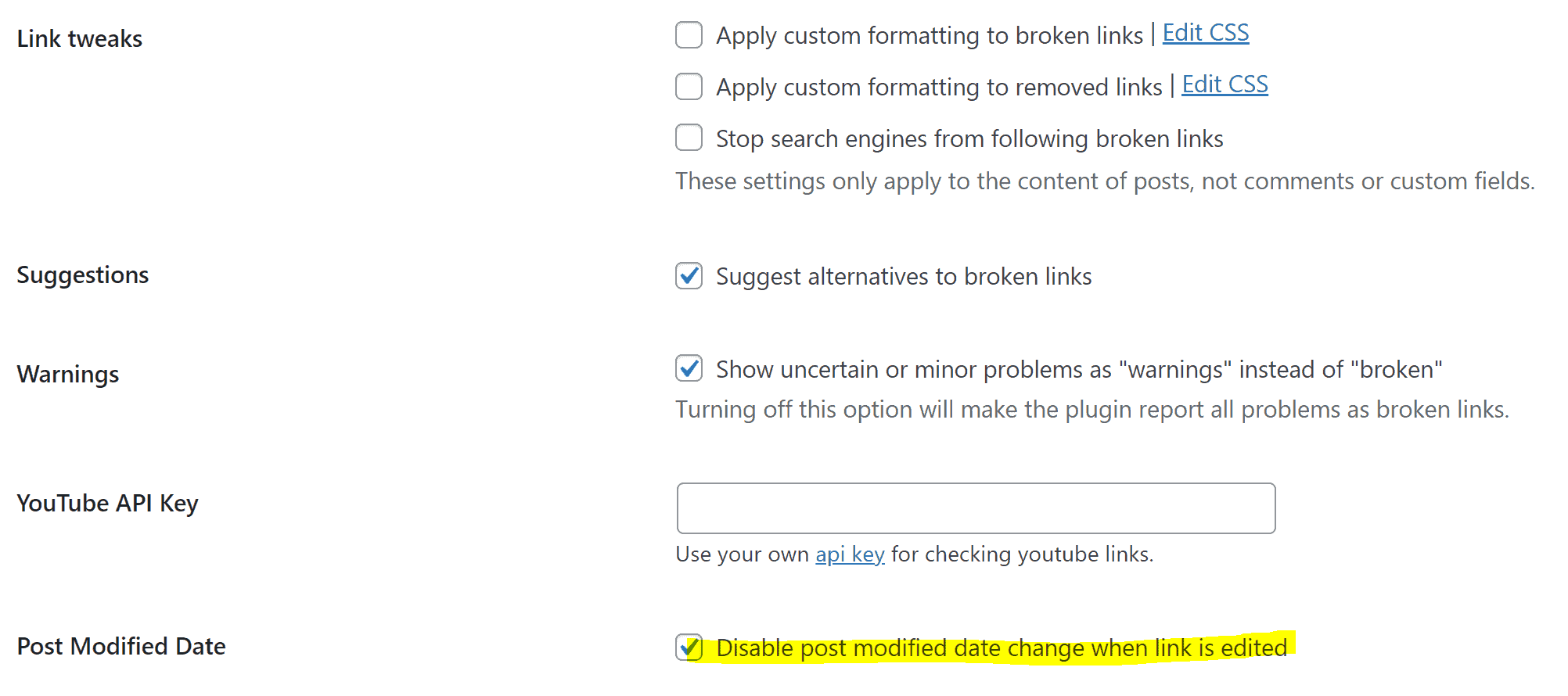 Screenshot of the Broken Link Checker settings, indicating the Post Modified Date option is selected.