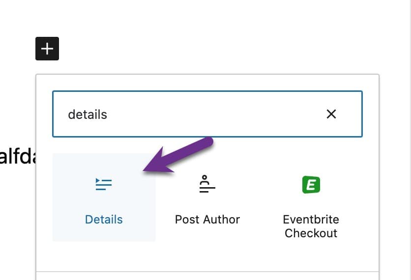WordPress block inserter panel adding the Details block.