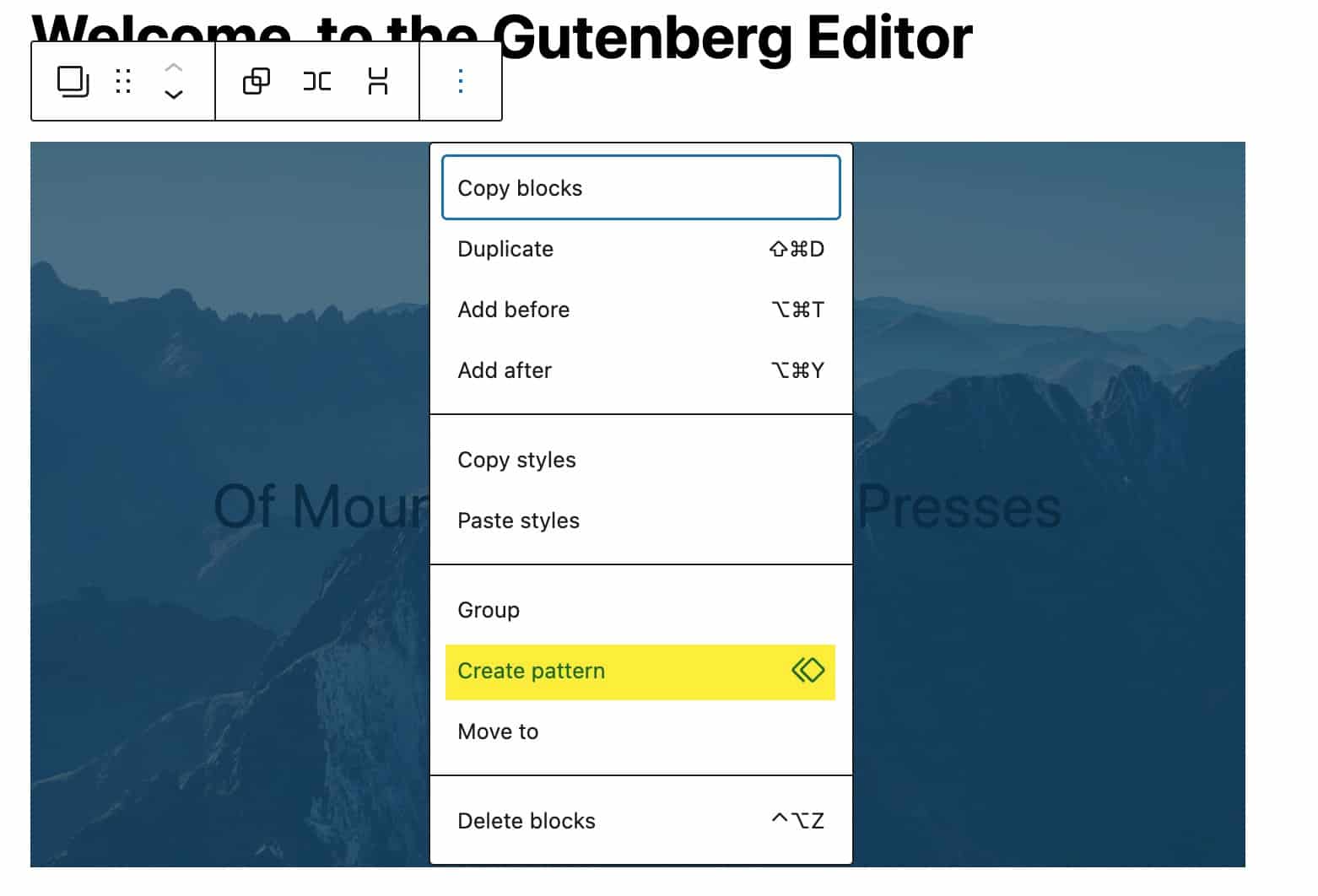 The WordPress block editor with mutlipe blocks selected and the Create Pattern link under the Options menu highlighted.