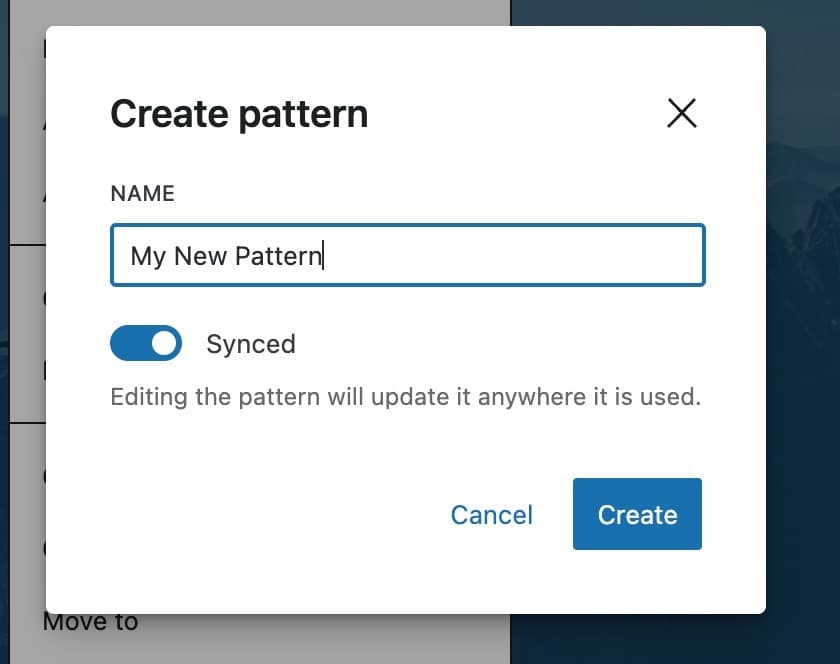 WordPress block editor create pattern modal.