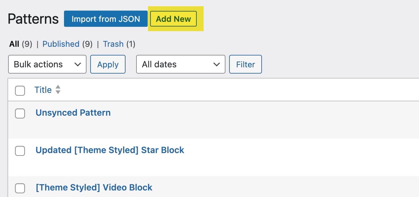 The WordPress Patterns page with the Add New button highlighted.