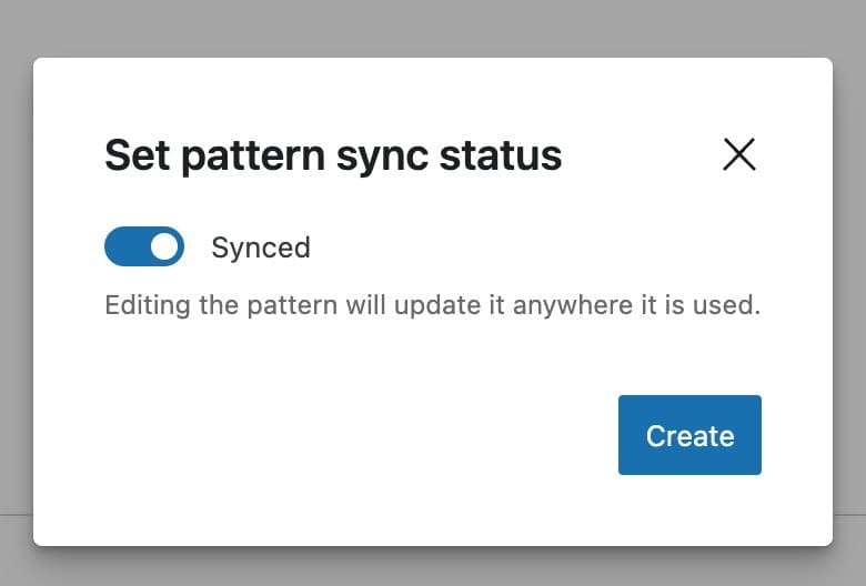 The WordPress Add New Pattern page set pattern sync status modal.