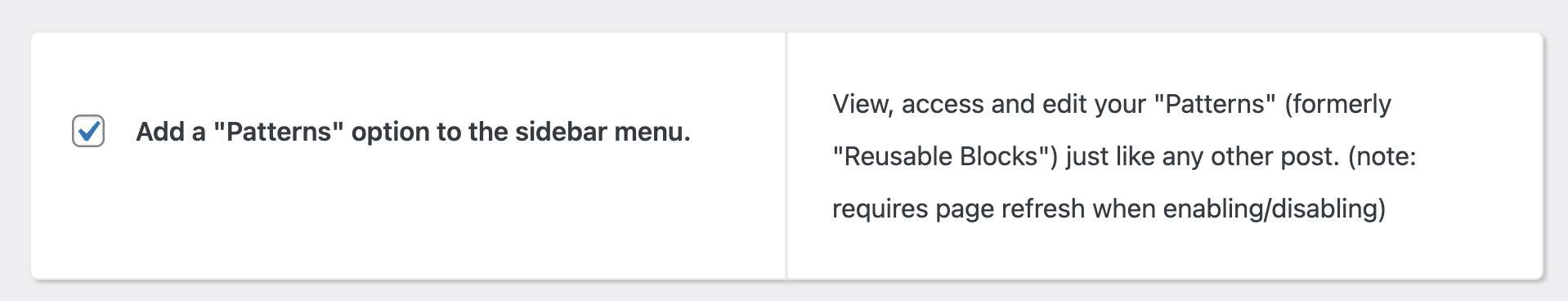 Feast plugin settings Add a Reusable Blocks option to the sidebar menu.