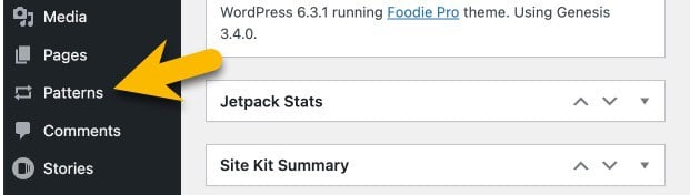 WordPress admin dashboard with arrow indicating the location of the Feast Patterns link in the sidebar.