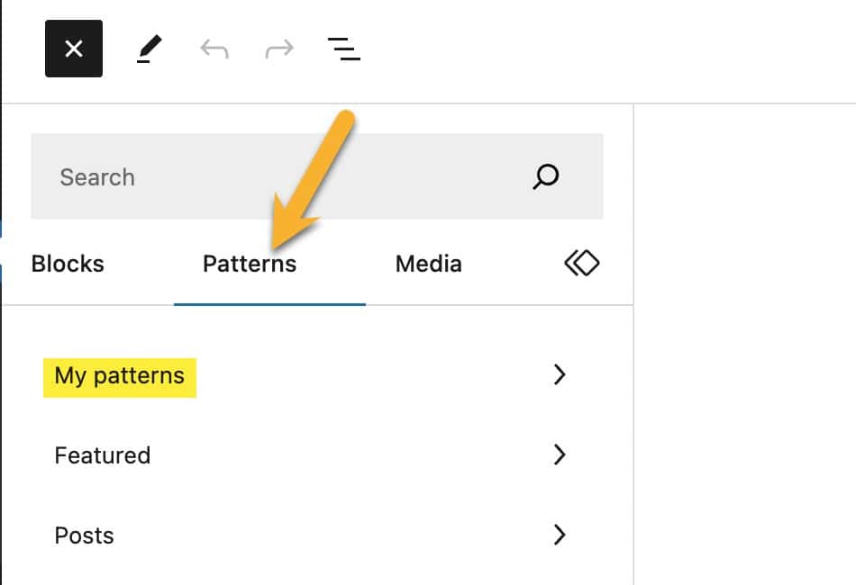 The WordPress block editor block inserter panel displaying the patterns panel and My patterns section.