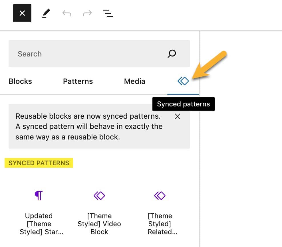 The WordPress block editor block inserter panel displaying the synced patterns panel.