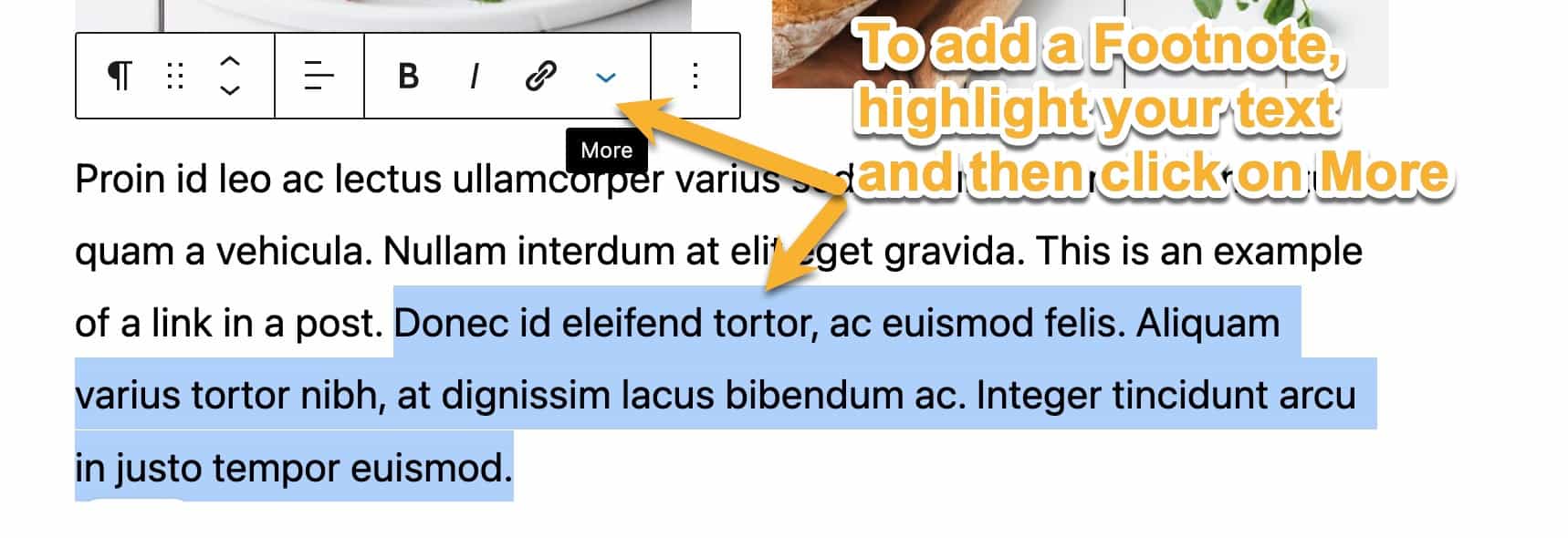 A paragraph block in the WordPress block editor with a portion of text selected and displaying the block toolbar and More icon.