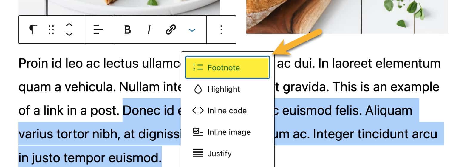A paragraph block in the WordPress block editor with a portion of text selected and with the More menu expanded to show the Footnote block insertion option.