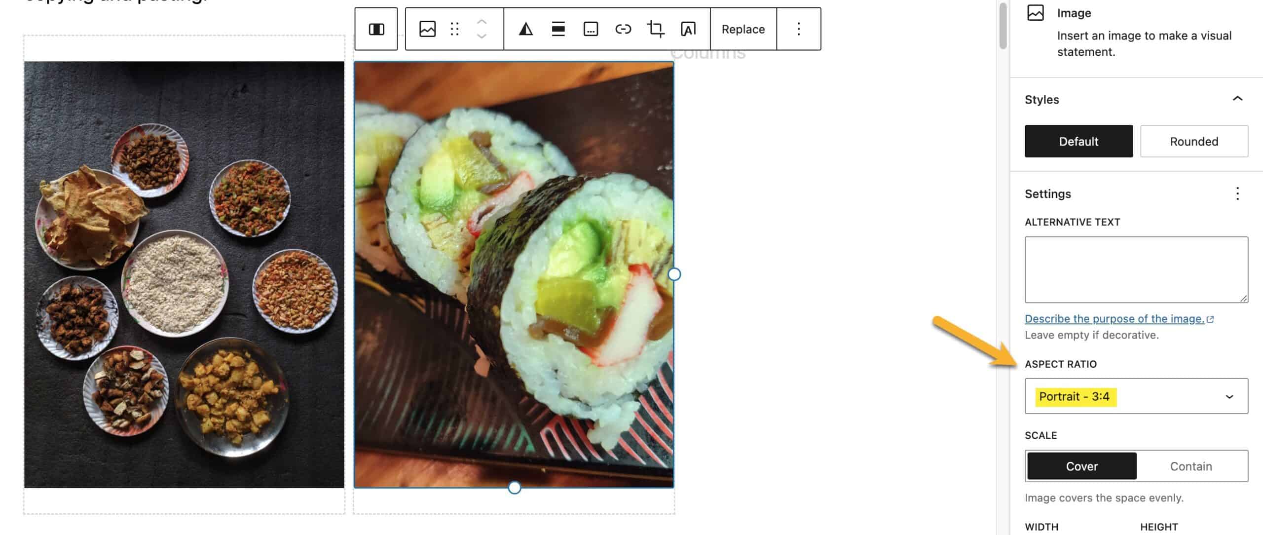 WordPress block editor with two images in a column block. Images are both the same height as aspect ratio is set to the same portrait ratio.