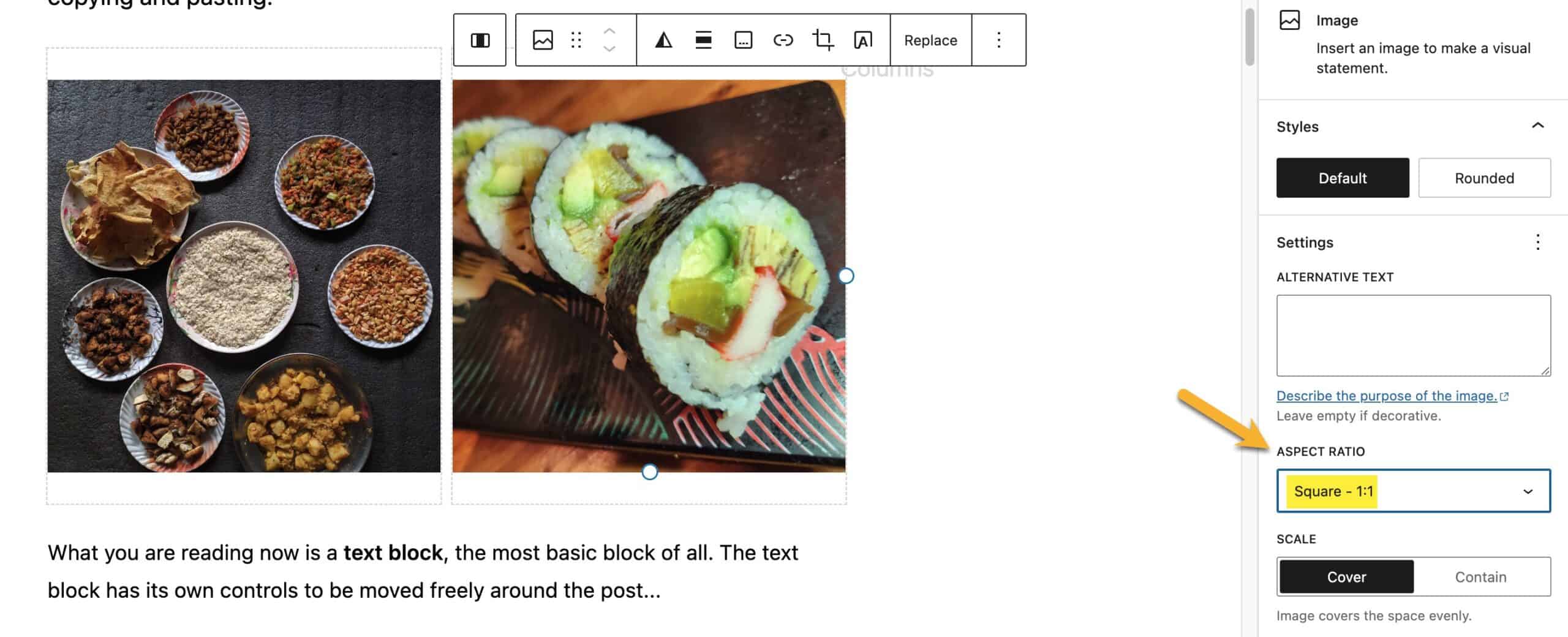 WordPress block editor with two images in a column block. Images are both the same height as aspect ratio is set to the same square ratio.