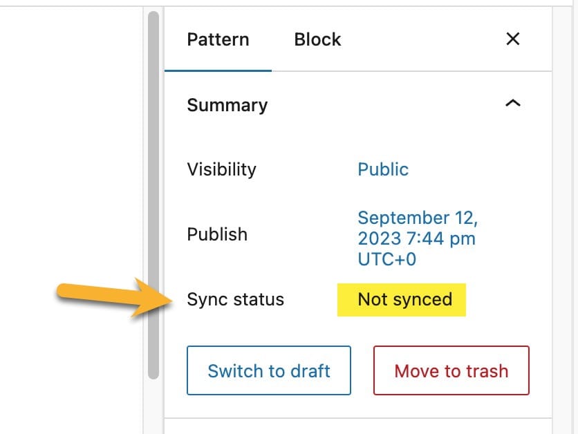 WordPress Pattern editor pattern settings showing sync status of not synced.