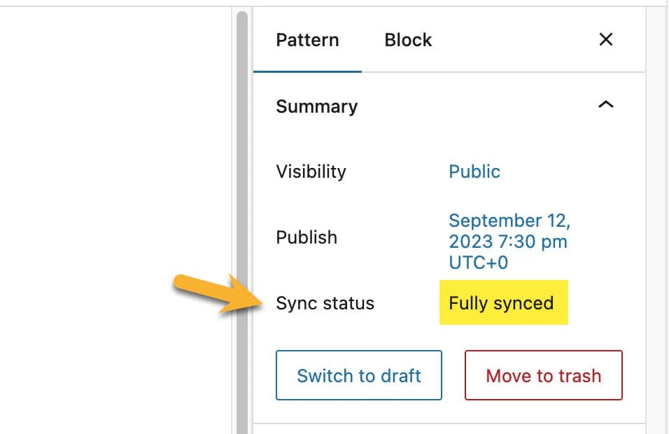 WordPress Pattern editor pattern settings showing sync status of synced.