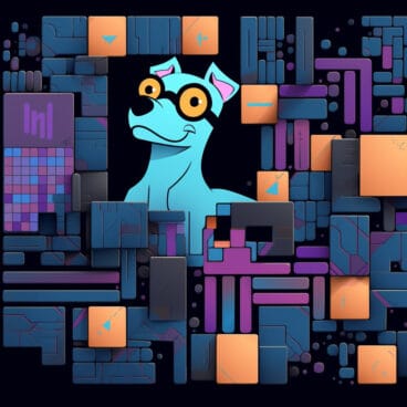 An illustration of a dog surrounded by various technical-looking squares and blocks