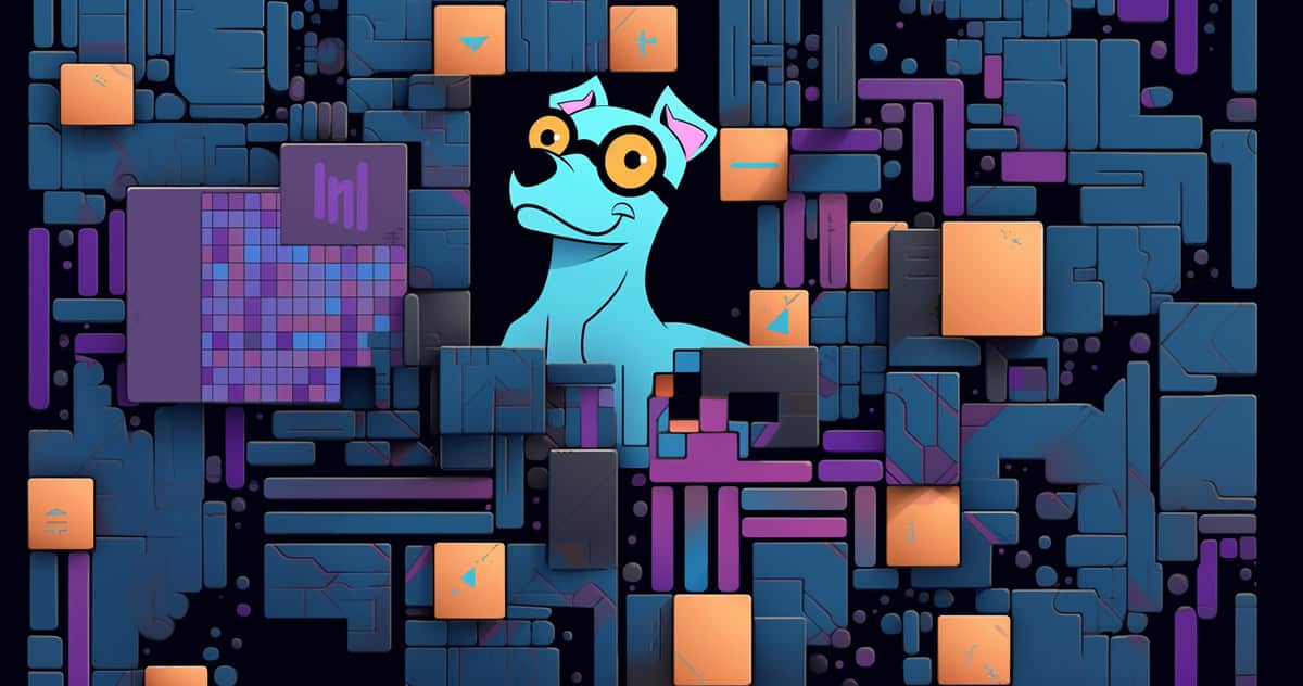 An illustration of a blue dog surrounded by various technical-looking squares and blocks.