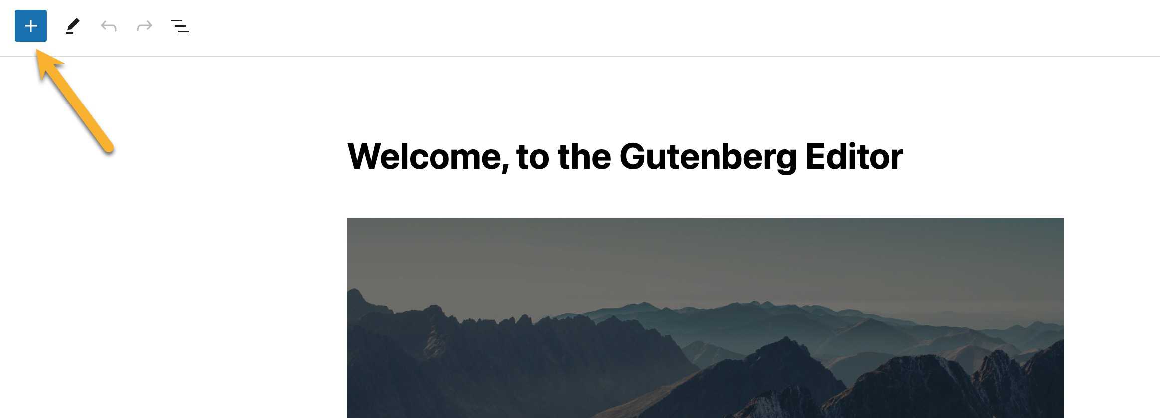 The WordPress block editor with an arrow pointing to the toggle block inserter icon.