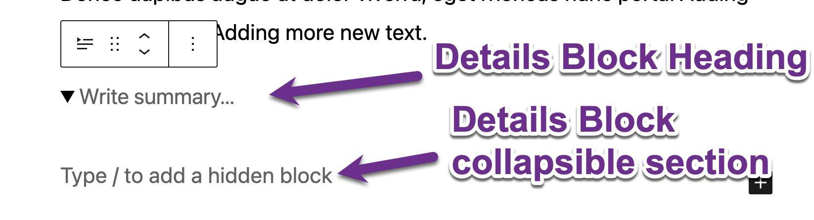 The WordPress Details block includes a heading element and a collapsible block section.