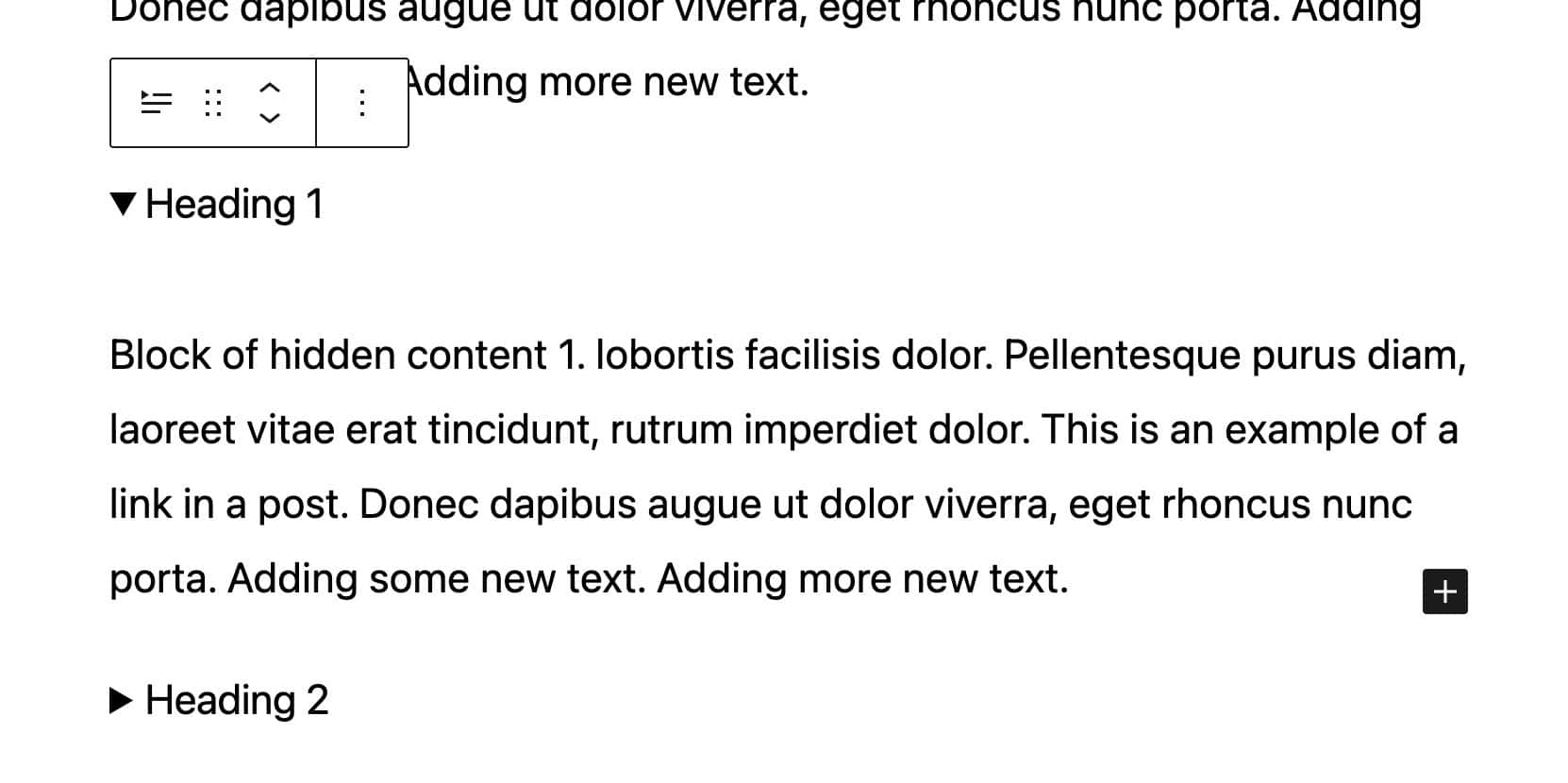 The WordPress block editor showing two Details blocks with one block selected which expands to display the hidden, collapsible section at the bottom of the block.