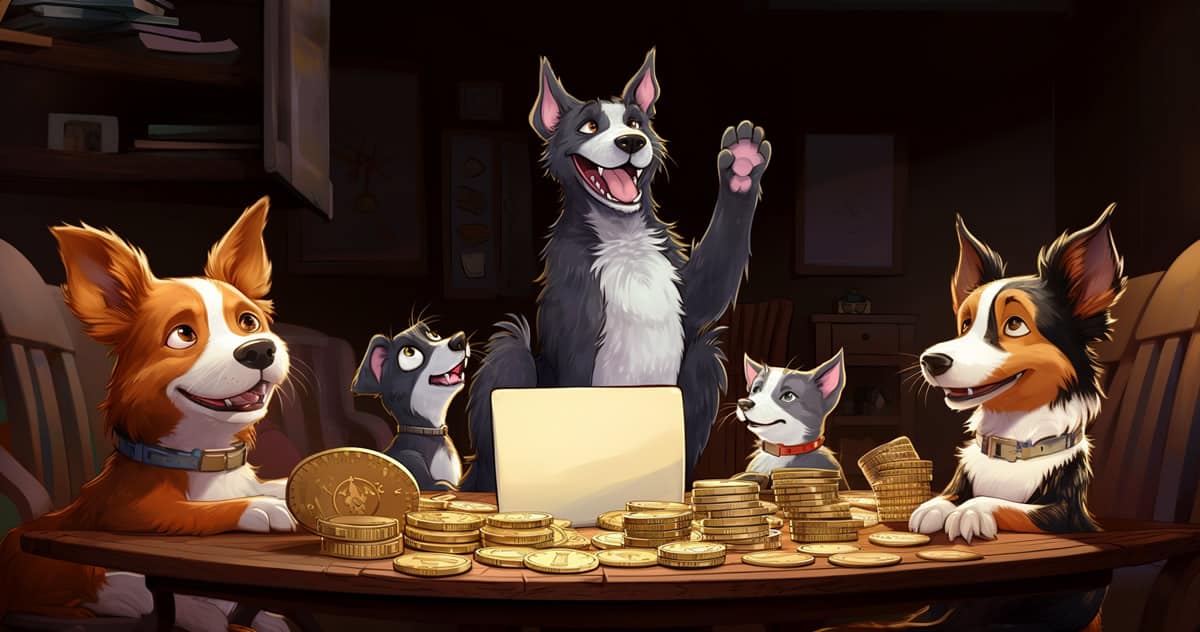 A fun illustration of a good dog, disclosing his affiliate relationship to other dogs, with piles of coins on the table.