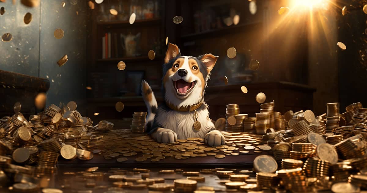 A Midjourney-generated illustration of a happy dog basking in gold coins, with coins raining from the sky.