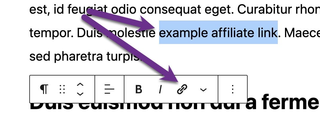 WordPress post Block Editor with text highlighted to add a link and the text toolbar with the link icon indicated.