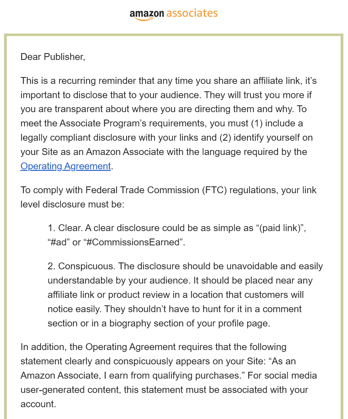 A screenshot of an email from the Amazon Associates program, reminding publishers about FTC regulations and that the Amazon operating agreement requires specific disclosure language.