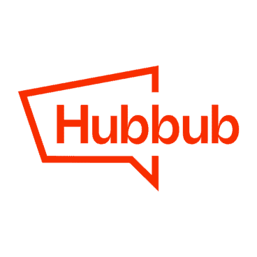 The new Hubbub Logo, which has the word Hubbub in a rounded font, surrounded by a talk bubble, in vibrant orange-red color.