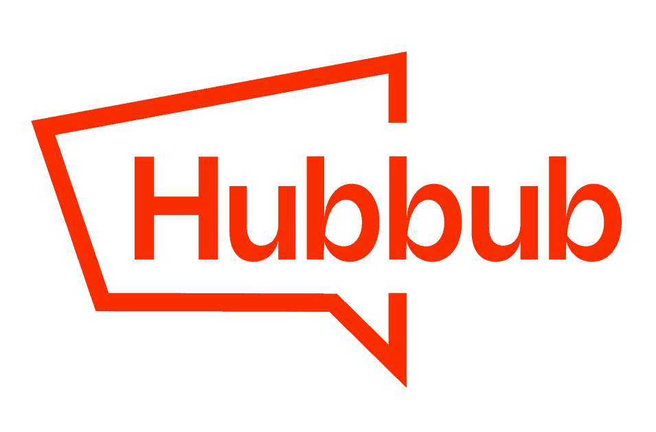 The new Hubbub Logo, which has the word Hubbub in a rounded font, surrounded by a talk bubble, in vibrant orange-red color.