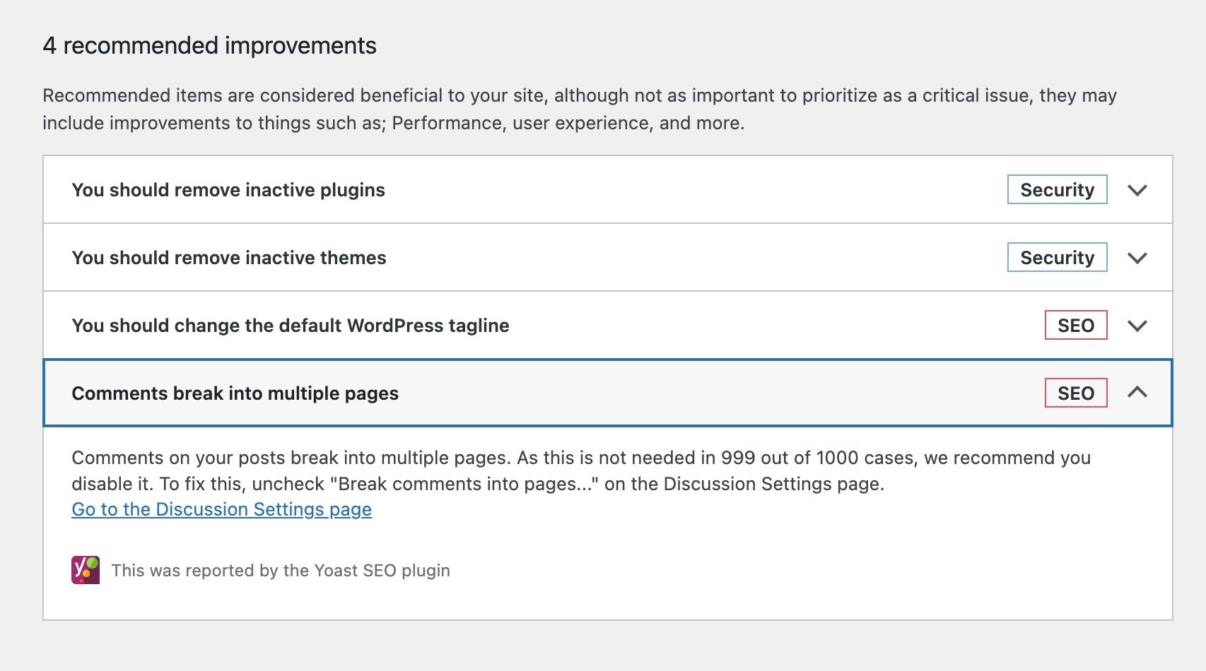 WordPress Site Health recommended improvements section with comments break into multiple pages section expanded.