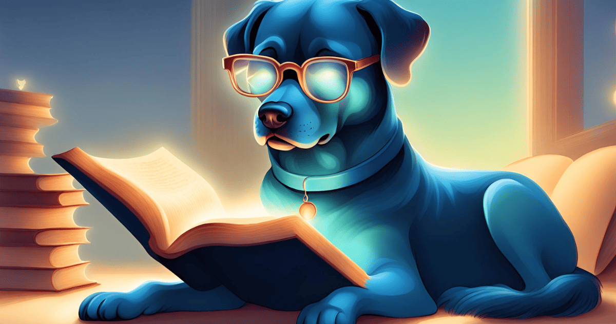 a blue dog wearing glasses and reading a book