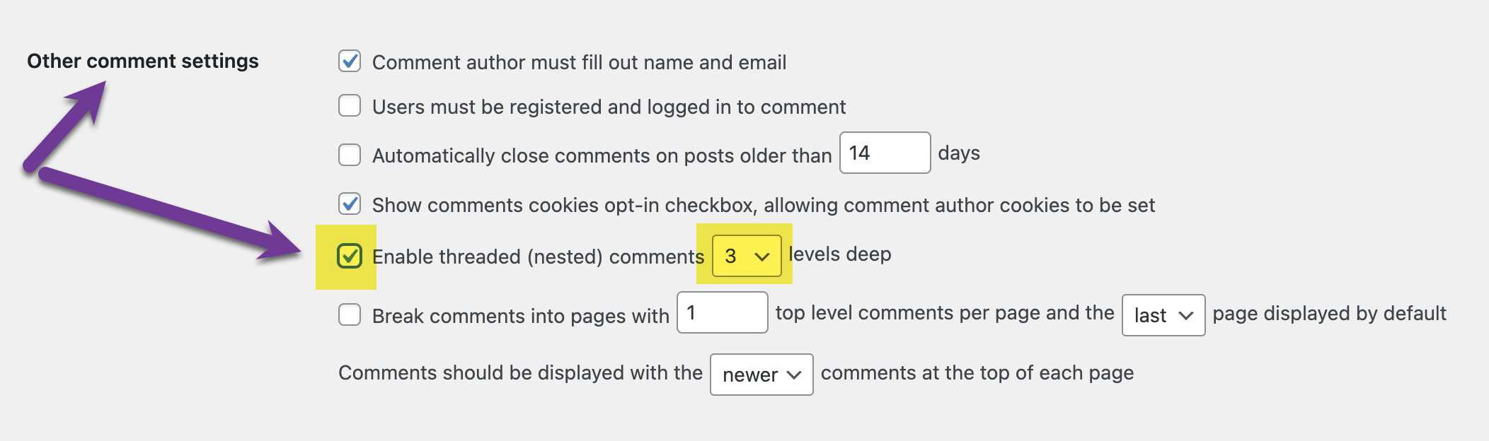 WordPress Other comment settings under the Discussion settings with threaded comments enabled 3 levels deep.