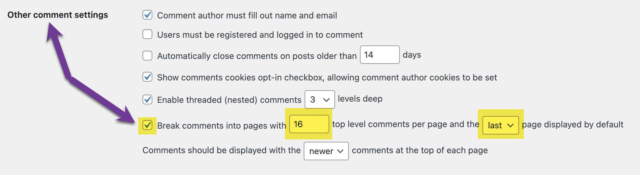WordPress Other comment settings under the Discussion settings set to break comments into 16 top-level comments per page, with the last page displayed by default.