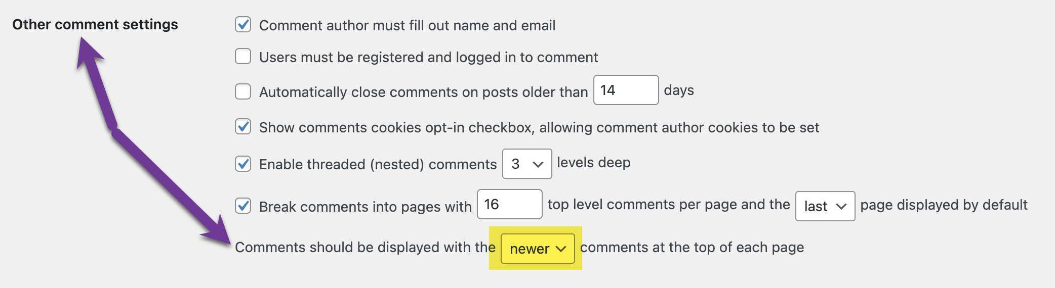 WordPress Other comment settings under the Discussion settings set so comments should be displayed with the newer comments at the top of the page.