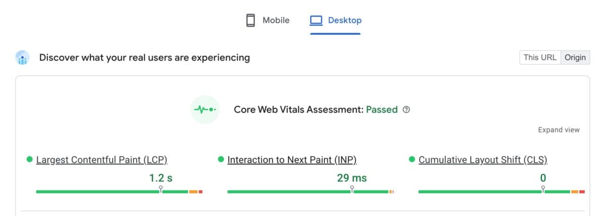 Screenshot of the Pagespeed Insights test result, showing the three core web vitals metrics and the average scores across all pages on the site.