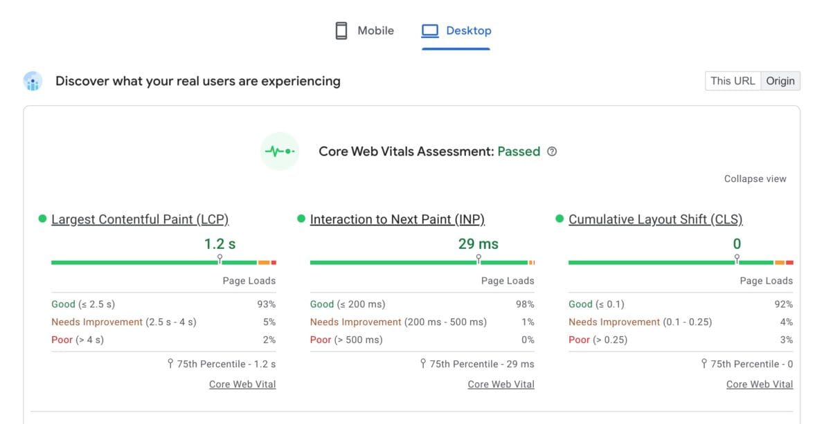 Screenshot of the Pagespeed Insights test result, with the expanded view to show detail of the percentages in each range.