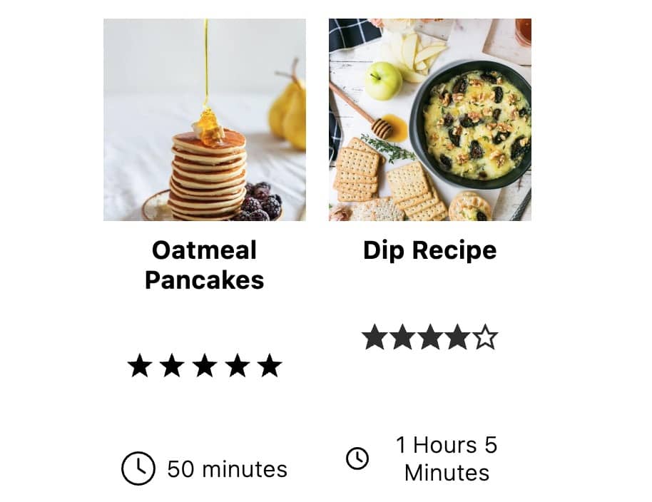 Example of a post list block with "extra" elements like ratings stars and cook times.