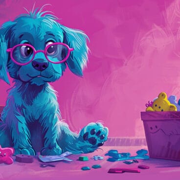 An illustration of a cute, happy, blue dog, wearing glasses. She is cleaning up and organizing her toys. There are toys scattered in front of her, and other toys are neatly arranged in a box on the side. The background color tones are magenta and purple, adding to the charming and friendly aesthetic.