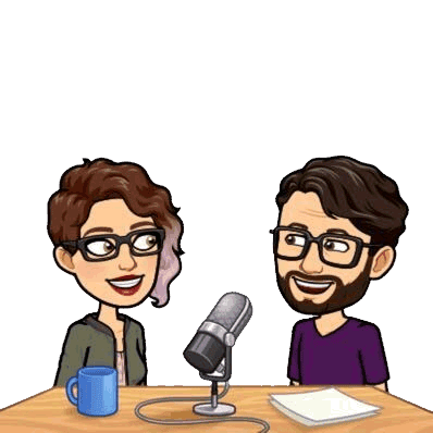 A cartoon of a woman and man at a table recording a podcast