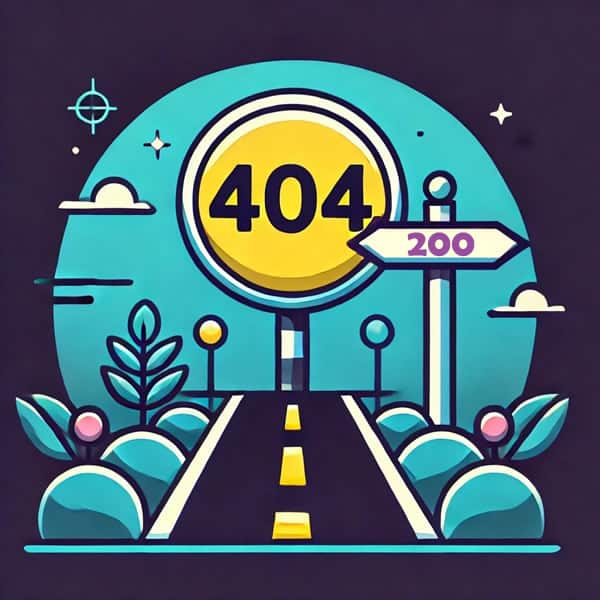An illustration of a large yellow road sign with '404' and a smaller road sign nearby displaying '200' with arrows pointing to either direction.