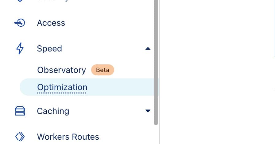 The Speed > Optimization link in the Cloudflare dashboard sidebar.