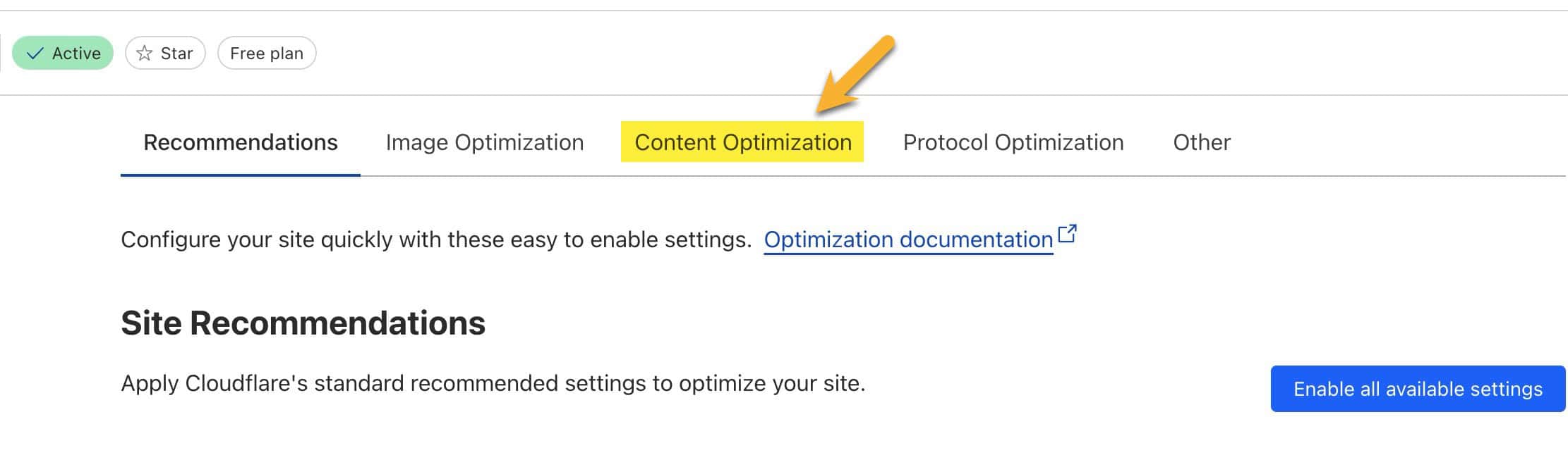 The Content Optimization tab inside the Speed > Optimization page in the Cloudflare Dashboard.