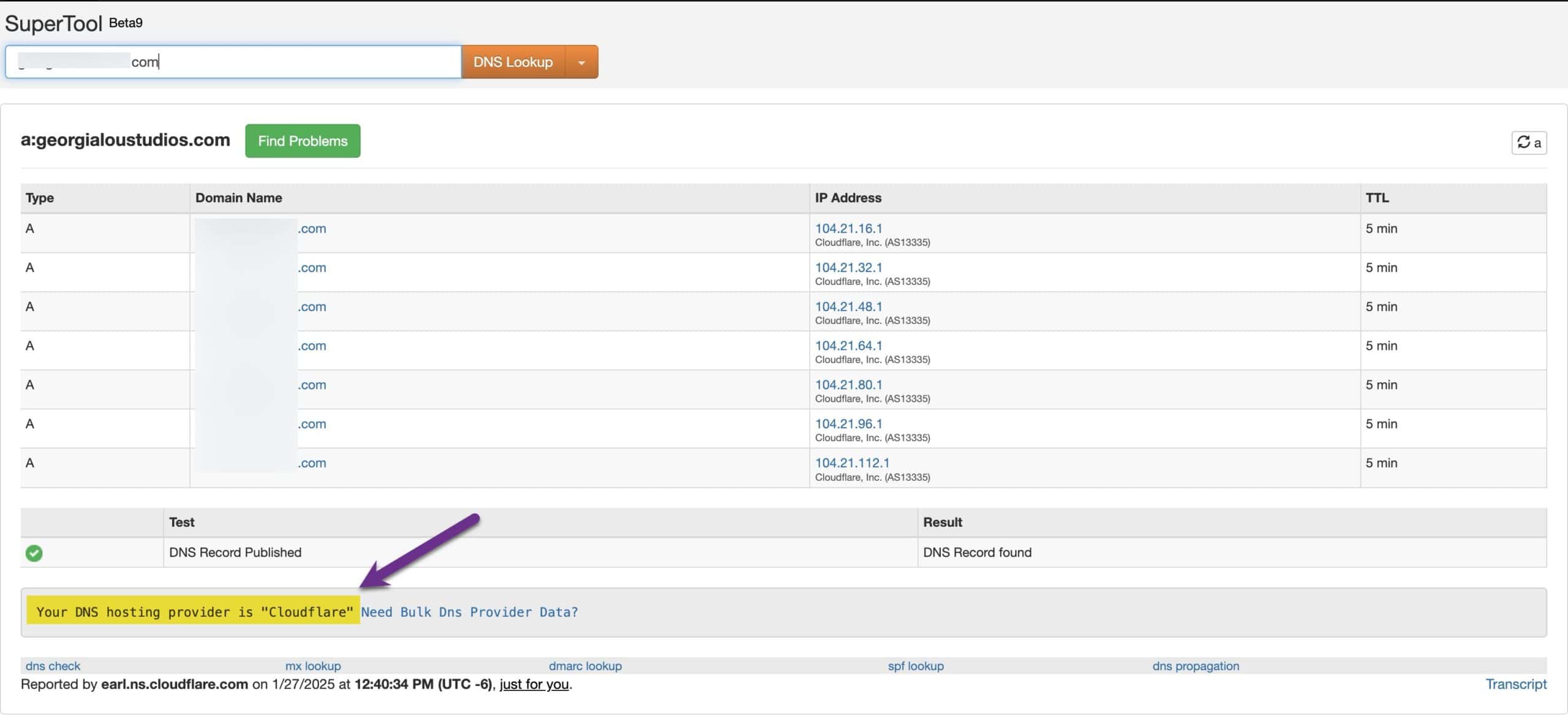 MXToolbox DNS report showing Cloudflare as the DNS hosting provider.
