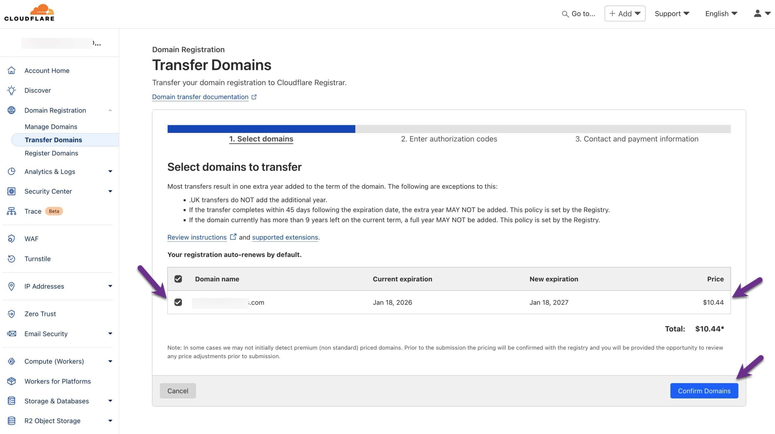 Cloudflare domain transfer page with a list of eligible domains and cost.