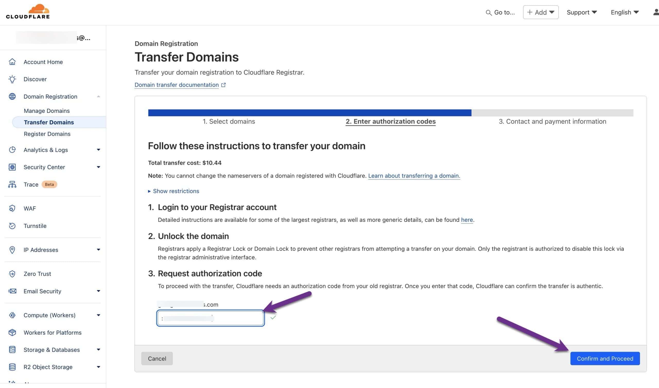 Cloudflare domain transfer page where the transfer authorization code is entered.