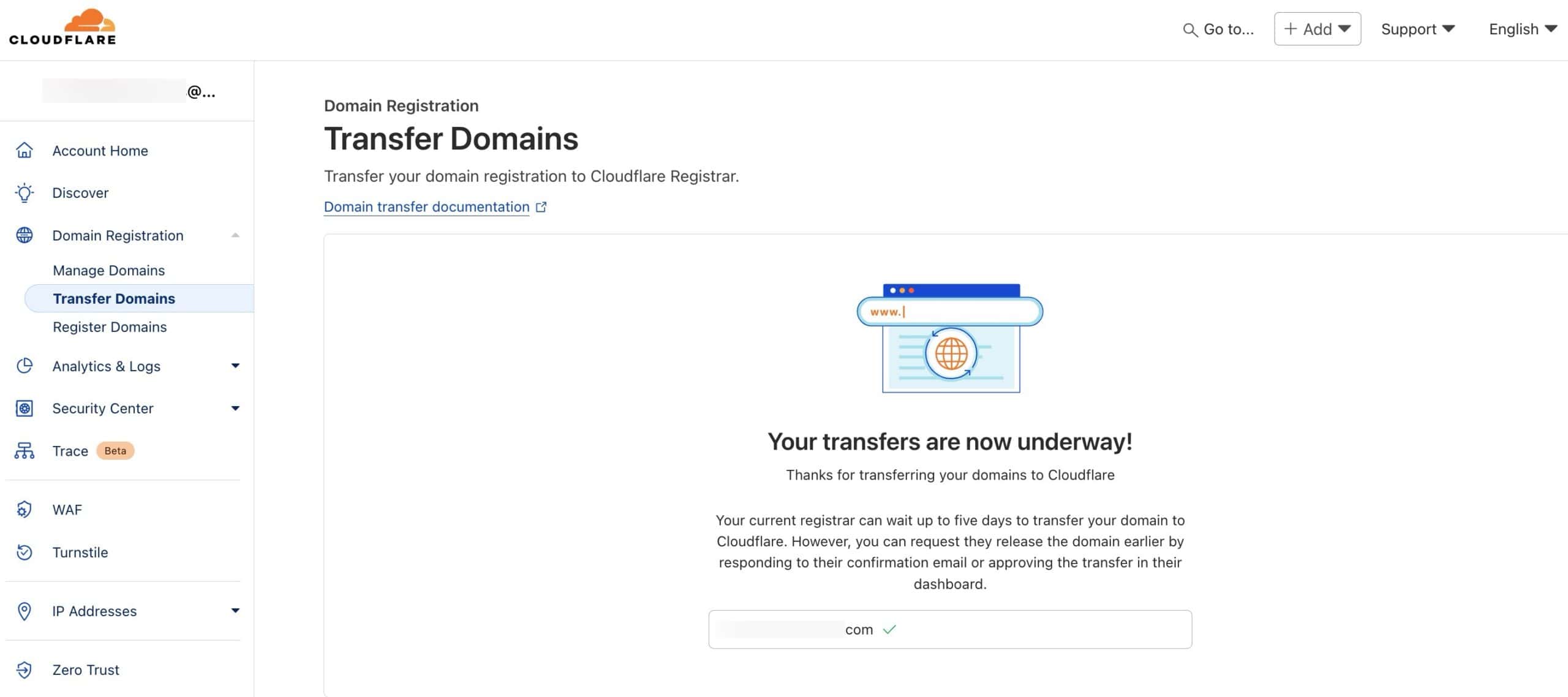 Cloudflare domain transfer screen showing transfers are underway but may take 5 days or more to complete.