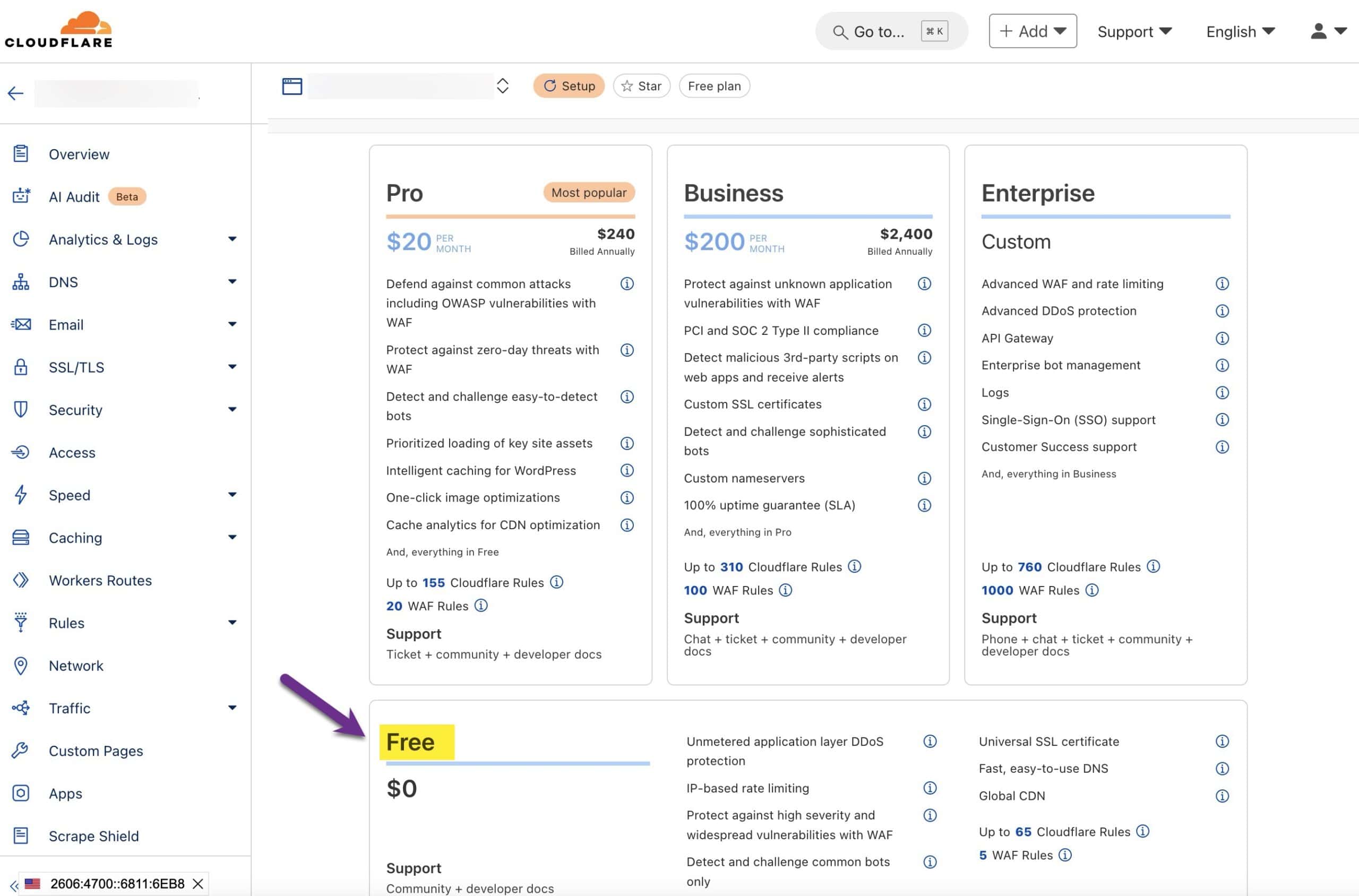 Cloudflare plan selection choices while adding a new site. 
